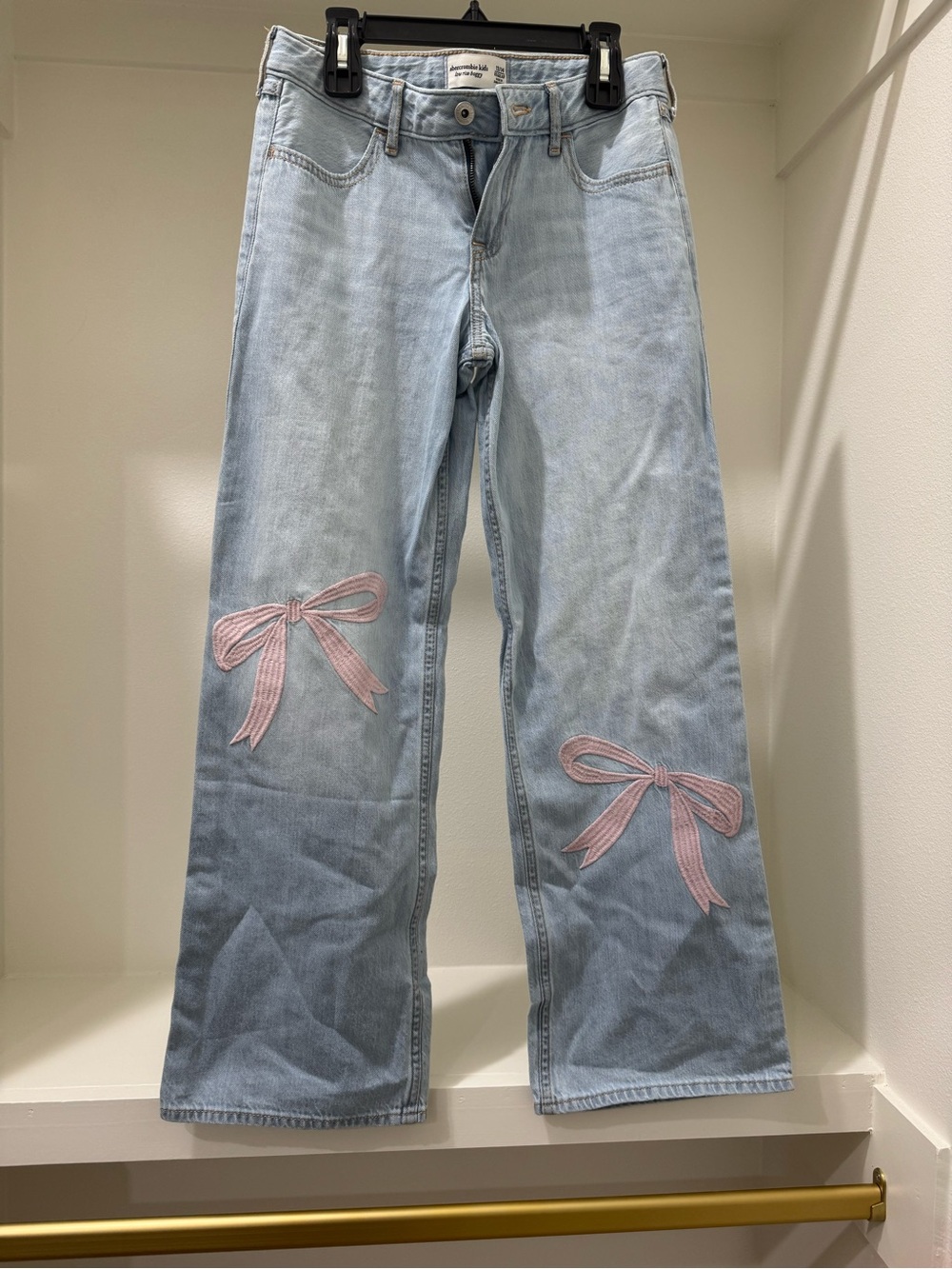 abercrombie kids Light Blue Wide-Leg Jeans with Pink Bow Appliqué